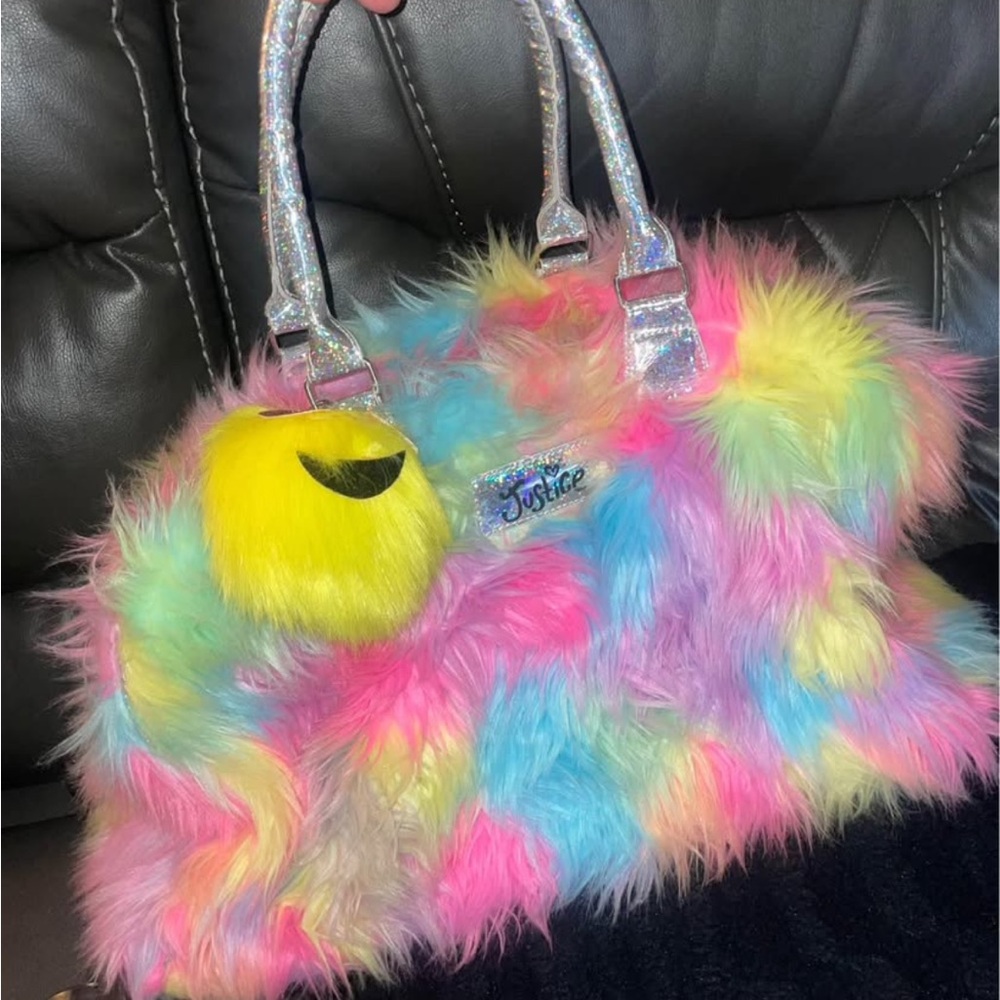 Justice Colorful Furry Kids Bag with Emoji Charm